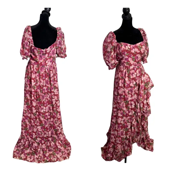 Storia Floral Ruffle Maxi Dress Women L Sweetheart Neck Puff Sleeve Cottage Romantic - Image 2