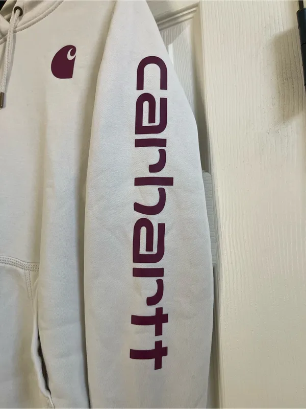 Women’s Carhartt Clarksburg Graphic Sleeve Pullover Hoodie Cream Size S 4-6 - Image 3