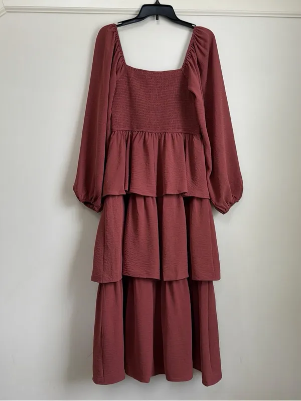 in february Mauve Rust Square Neck Smocked Tiered Ruffle Midi Dress M NWT - Image 5
