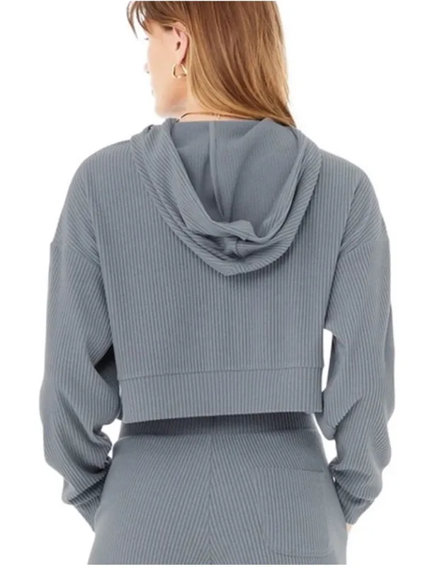 ALO Yoga Muse Ribbed Hoodie Steel Blue Small - Image 2