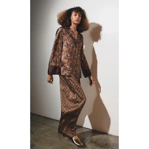 Zara Paisley Print Wide Leg Pants Burgundy Gold Boho Drawstring‎ Large - Image 3