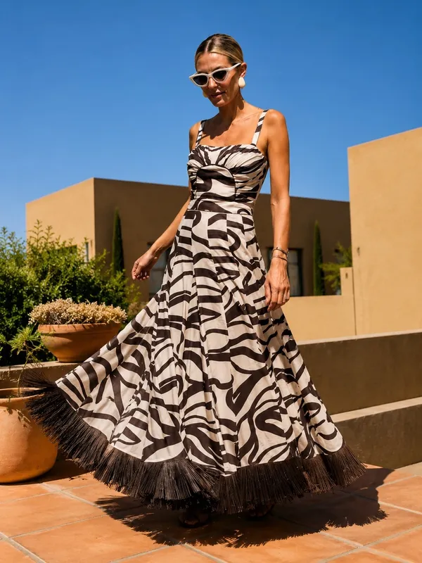NWT Antonio Melani MG Style Fringe Linen Blend Maxi Raffia Skirt Set Brown~SZ 10 - Image 2
