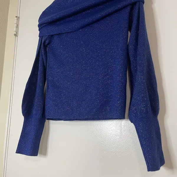 Anthropologie Sensual Off-the-Shoulder blue shimmer wool Sweater small - Image 7