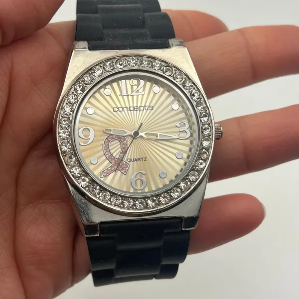 Concepts Breast Cancer Awareness Quartz Watch Crystal Bezel Black Silicon Band - Image 7