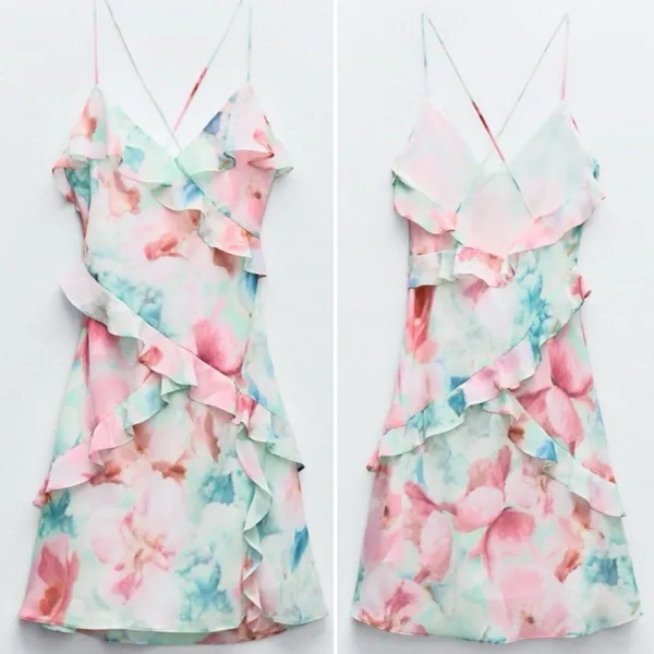 ZARA Watercolor Floral Printed Ruffle‎ Lined Mini Dress Pink Blue Green Sz Small - Image 11