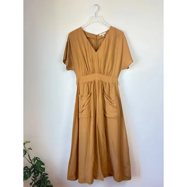 Madewell Camel Tan Linen-Blend Dolman-Sleeve Tie-Waist Midi Dress Women's Size 4 - Image 2
