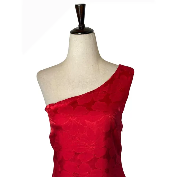 Lulus Chasing Desire Satin Jacquard Maxi Dress Women XL‎ Red Floral One Shoulder - Image 4