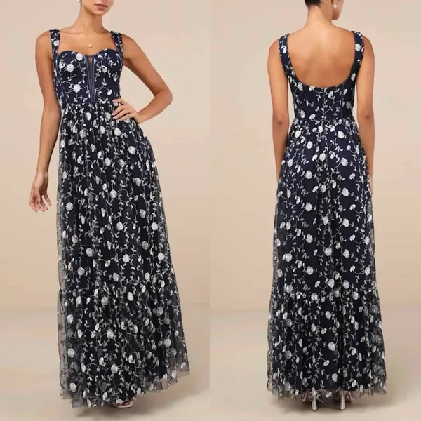 Lulus Gala Invite Navy Blue Embroidered Tulle Bustier Maxi Dress Large - Image 6