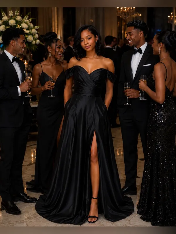 #4 B - 5 Black full-length formal satin dress-Medium -Size 10 - Image 2
