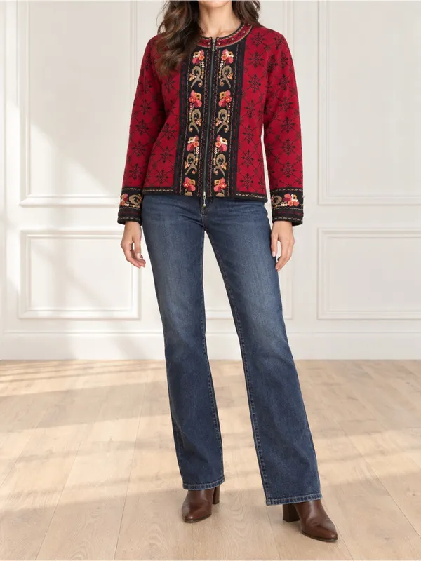 Icelandic Design Wool Cardigan Sweater M Red Nordic Embroidered Floral Full Zip - Image 13