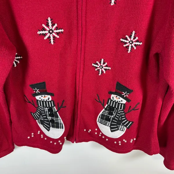 Mandal‎ Bay Red Snowman Christmas Sweater Zip Up Cardigan Beaded Snowflake XL - Image 3
