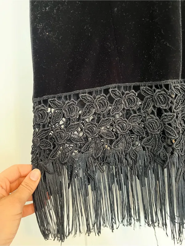 Papell Boutique Black Velvet Evening Top with Lace Trim beaded fringe button 14 - Image 3