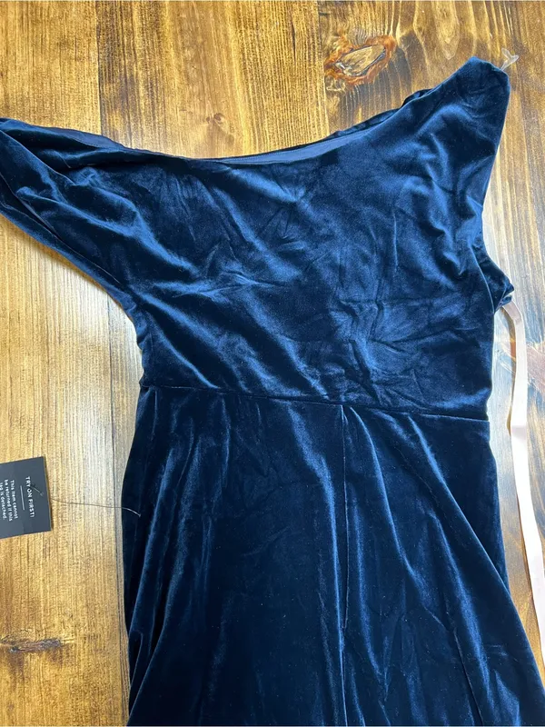 Lulus Coveted Confidence Navy Blue Velvet Asymmetrical Maxi Dress Size Large NWT - Image 9