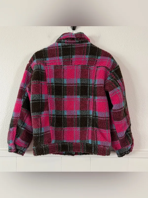 APPARIS Women XS Plaid Sherpa Teddy Trucker Jacket Pink Blue Faux Shearling - Image 4