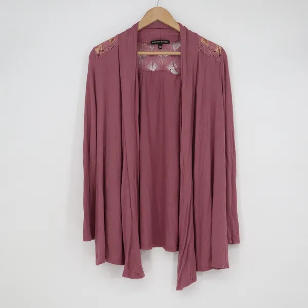 Always Indigo Mauve Lace Back Open Front Draped Cardigan Womens Large - Image 2