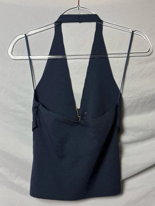 Silence + Noise Navy Halter Knit Y2K Top with Center Buckle - Image 4