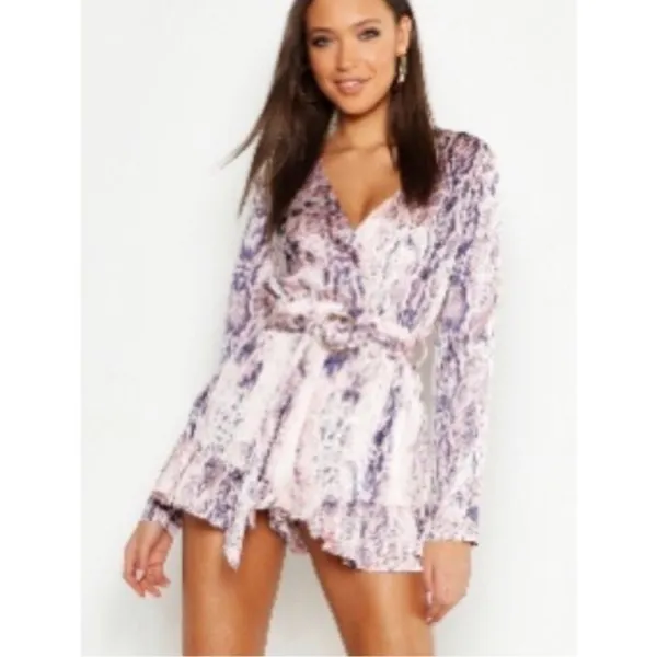 Boohoo Gray Snake Print Ruffle Long Sleeve Surplus Vneck Romper 8 - Image 6