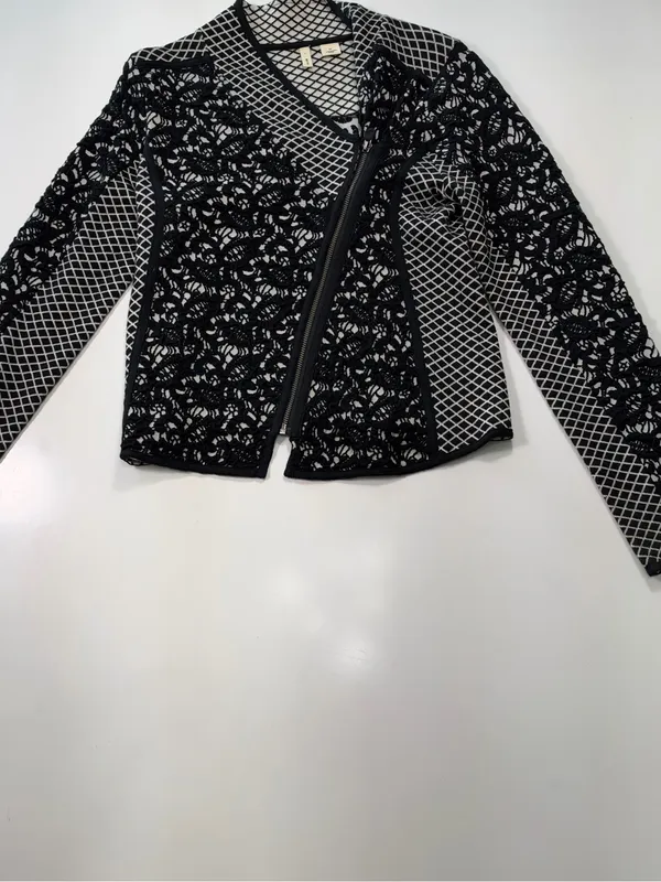 Moth Anthropologie Black & White Jacquard Moto Jacket with Asymmetrical Zipper - Image 3
