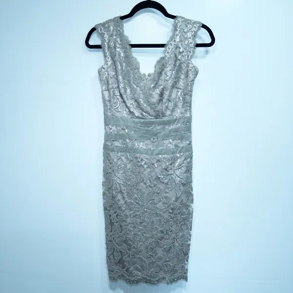 Tadashi Shoji Smoked Pearl Gray Paillette Sequin Lace Sheath Dress Size 2 - Image 2