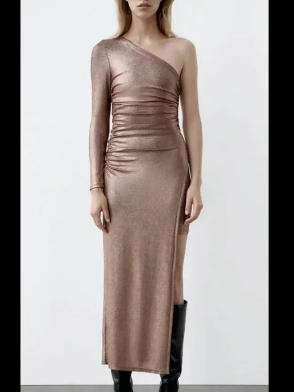 NWT Zara Metallic Bronze One Shoulder Ruched High Slit Asymmetrical Maxi Dress S - Image 3