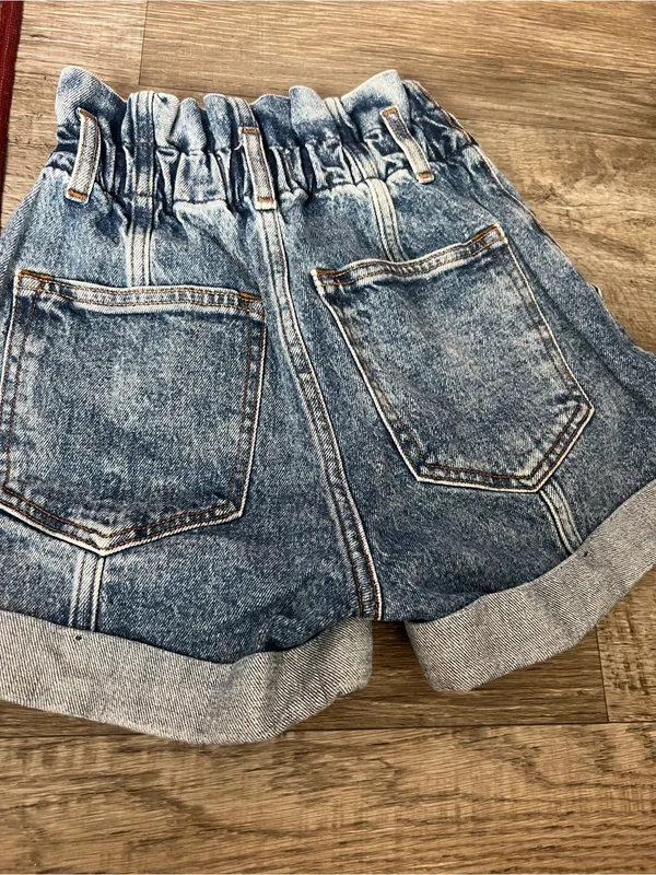 Abercrombie paperbag High-Waist Rolled Hem Denim Shorts - Blue - Image 6