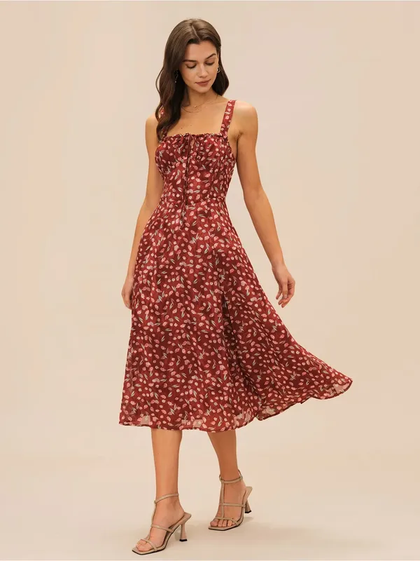 Rihoas Wine Red Floral Slip Midi Dress - Image 6