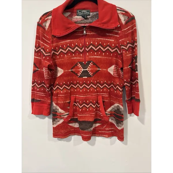 Lauren Ralph Lauren Aztec Red Quarter Zip 3/4 Sleeve Thermal Top Large - Image 2