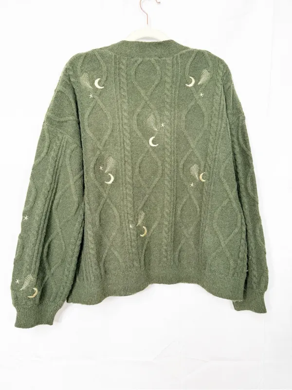 Disturbia Dianne Embroidered Cable Knit Cardigan Moon Star Fern Olive Green Knit - Image 4