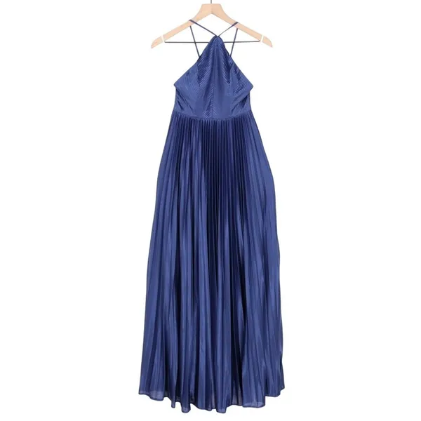 Lulus Elaborate Charm Maxi Dress Womens Navy Blue Satin Pleated Adjustable Strap - Image 2