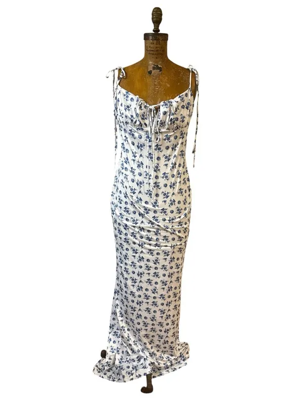 Parthea Floral Bodycon Tie Shoulder White Blue Maxi Dress Fish Tail Hem Size XL - Image 3