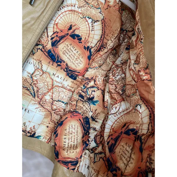 Ruff‎ Hewn Camel Leather Jacket Moto World Map-Lined Traveler Parisian Scandi - Image 8