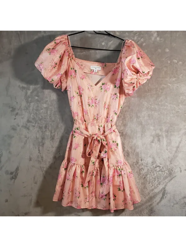 LoveShackFancy Pink Floral V-Neck Puff Sleeve Belted Satin Mini Dress 6 - Image 2