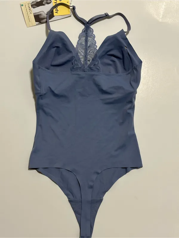True & Co. Everybody V-Neck Lace Racerback Bodysuit - Stonewash - Size S - Image 4
