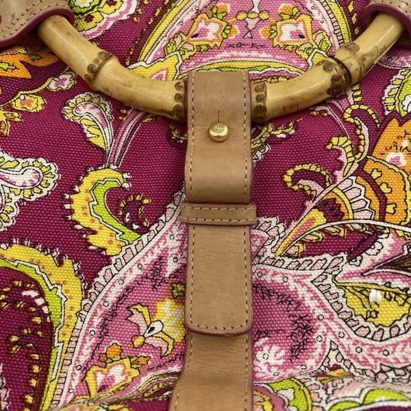Ralph Lauren Vachetta‎ Leather Paisley Canvas Purse Handbag Round Bamboo Handle - Image 9