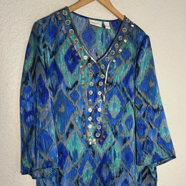 Chico’s Blue Watercolor Silver Beaded Tunic Top Party Resortwear Size 2 Large - Image 2