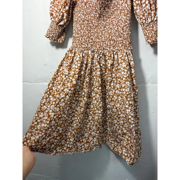 1.STATE Womens Size XS brown floral print mini dress puff sleeves smocked bodice - Image 6