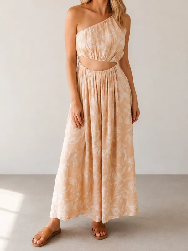 Abercrombie & Fitch One Shoulder Tan Floral Cutout Tropical Vacation Midi Dress - Image 9