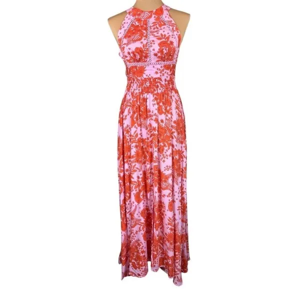 Anthropologie NWT Abel The Label ATL Rumi Candy Florals‎ Maxi Dress Halter Pink Orange S - Image 4