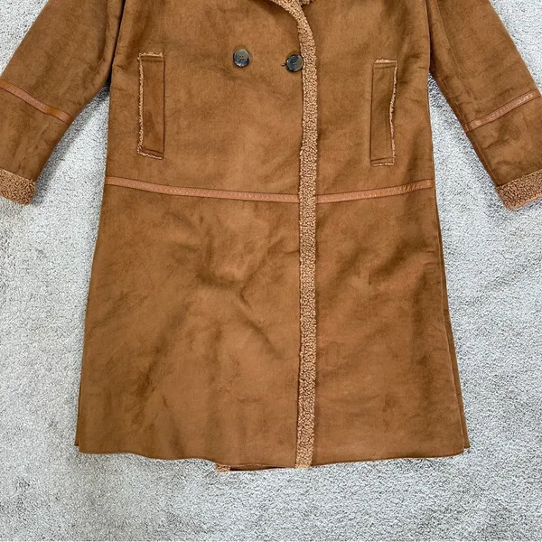 Stradivarius Women’s Faux Suede Teddy Shearling Long Coat Jacket in Brown L - Image 3