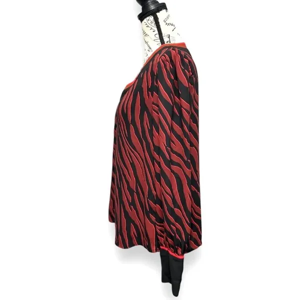 Express S Red Black Zebra Print V-Neck Blouse Long‎ Sleeve Button Cuff Top Y2K - Image 3