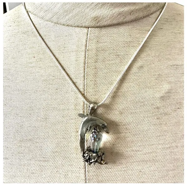 Silver tone crystal dolphin pendant necklace - Image 2