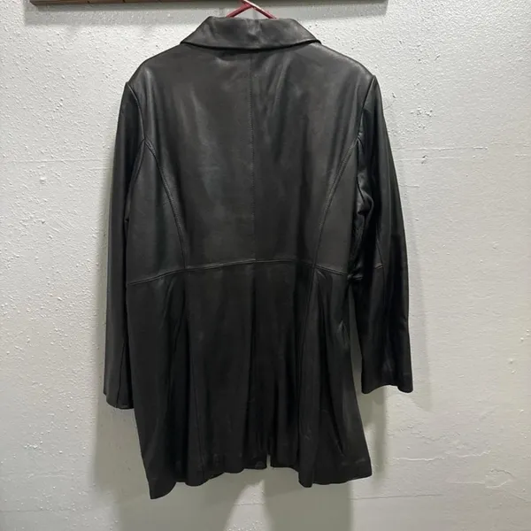 Jaclyn Smith Black Genuine Leather Mid Length Zip Up Trench Coat Jacket XL‎ - Image 3