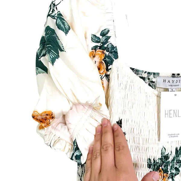 Hayden Los Angeles Cream Floral Puff Sleeve Tiered Mini Dress Pockets Size Small - Image 6