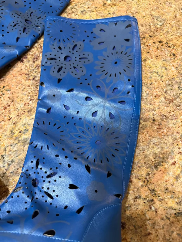 RARE Unbranded Blue Perforated Leather Summer Boots Boho Laser Cut Size 39 - Image 6