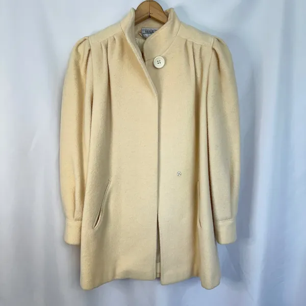 Vintage Michelle Stuart Wool‎ Coat Puff Sleeve Button Front Jacket Cream Mediun - Image 7