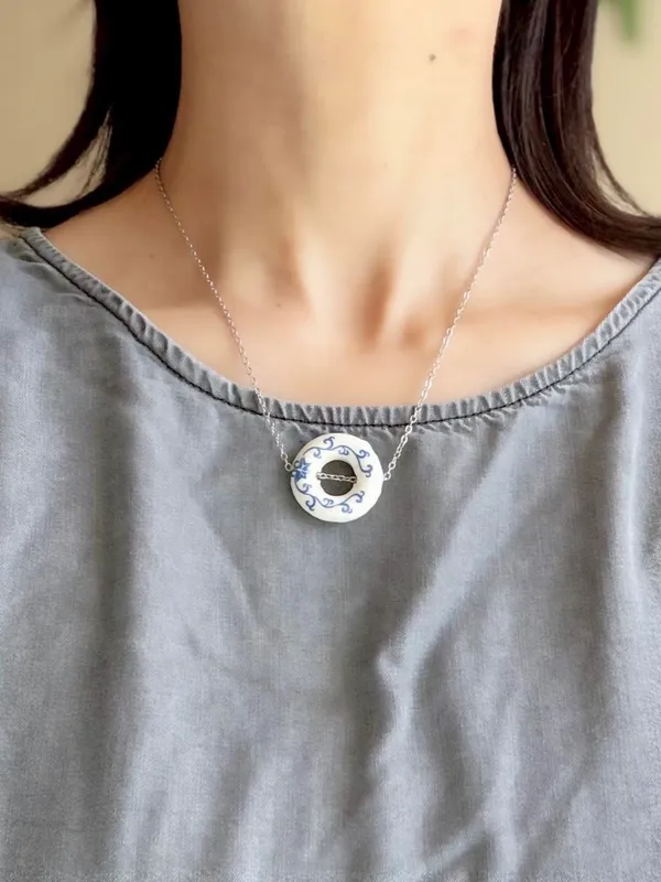 Handmade round donut ceramic bead unique boho fairy simple necklace💙 - Image 2