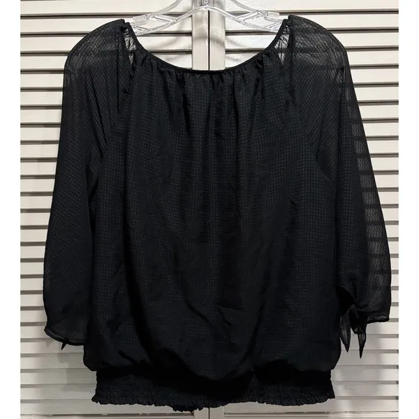ALYX Black Chiffon Lined Blouse Size L Smocked 3/4 Wide Sleeves Faux‎ Buttons - Image 5