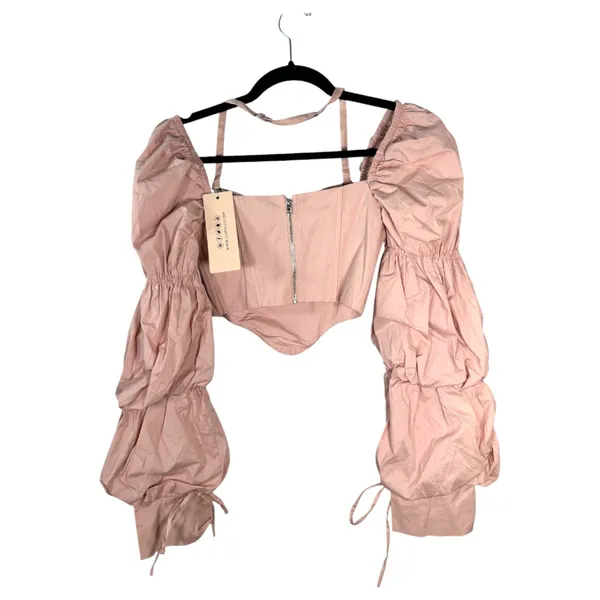 Oh Polly Blush Pink Bustier Corset Off Shoulder Long Sleeve Blouse Crop 2 NEW - Image 4