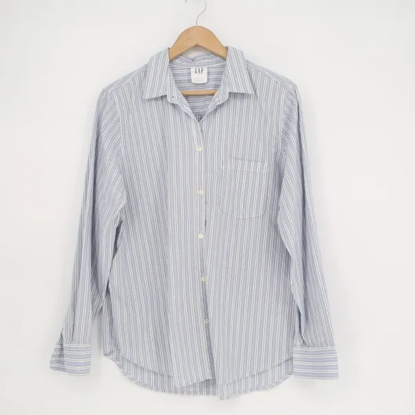 Gap Shirt Womens L White Blue Striped Cotton Spread Collar Long Sleeve Button Up - Image 2