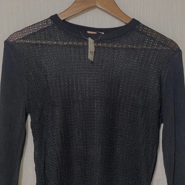 Free People H2O Crew Pullover M Black Sheer Open Knit Mesh Sweater NWT - Image 10
